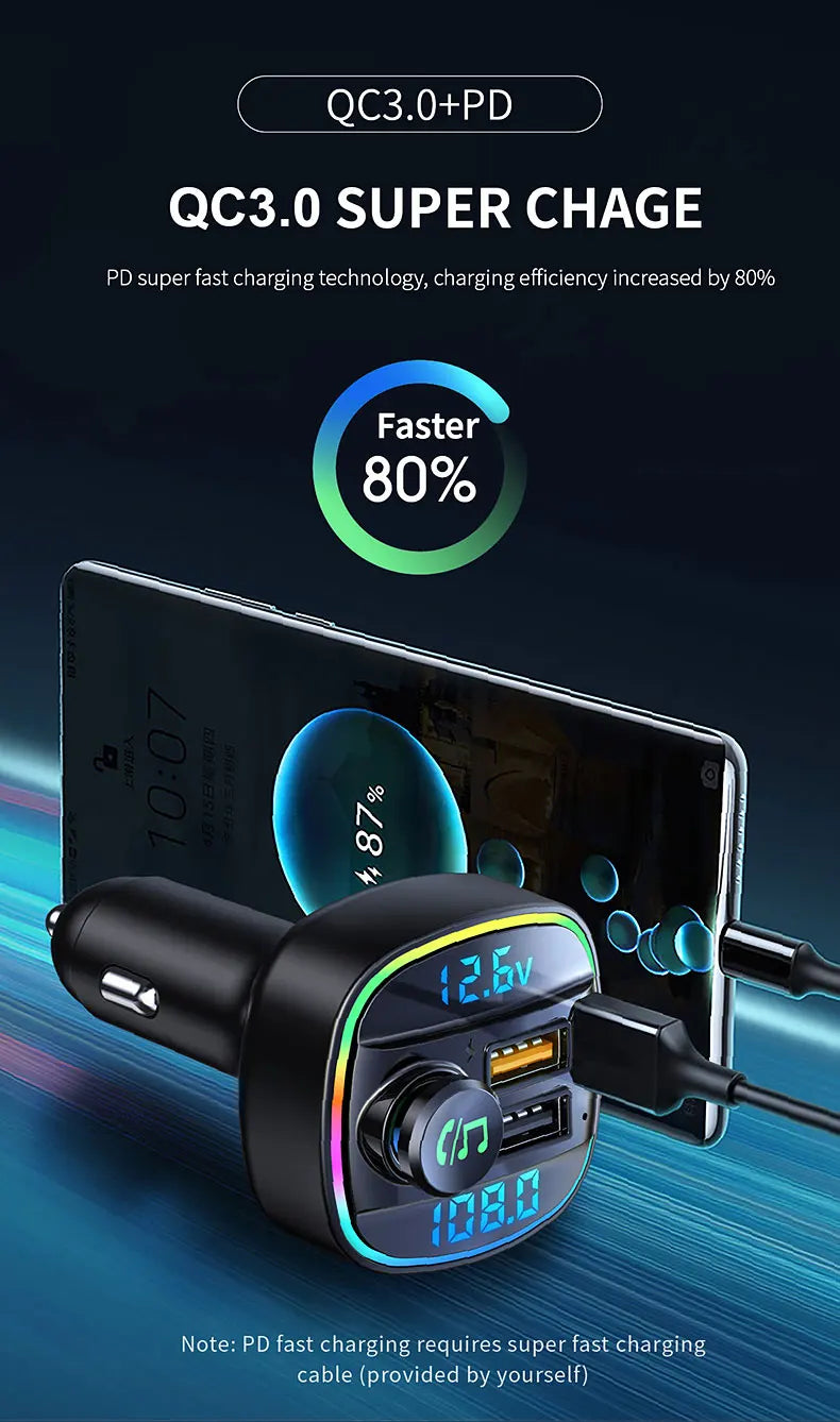 Bluetooth 5.0 FM Transmitter 22.5W USB Quick Charge Car Radio Modulator Handsfree MP3 Player with Car Adapter
