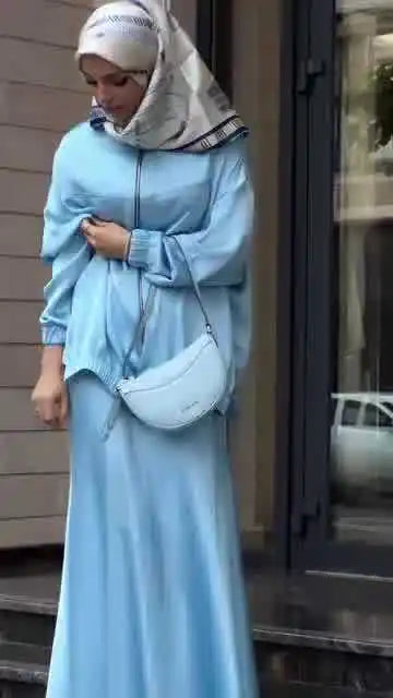 Muslim Dress Satin 2 Piece Set Women Party Abaya Musulman Ensembles Arab Long Robe Dubai Kaftan Vestidos Jalabiya Ramadan Eid