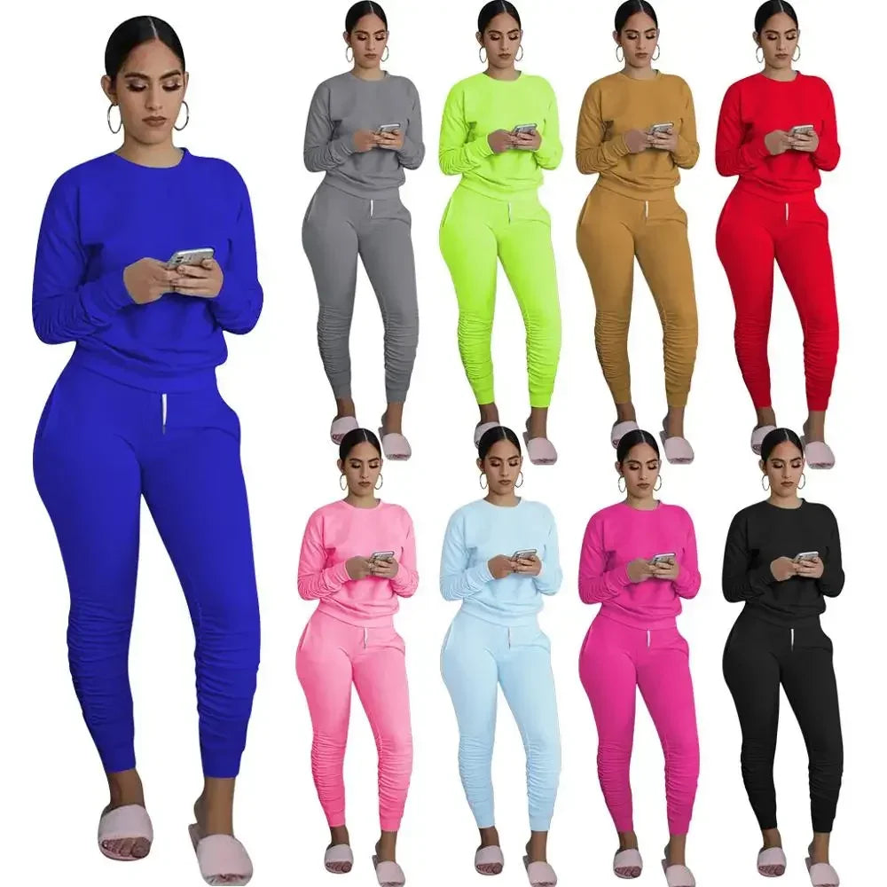 Women’s Slim Fit Long Sleeve Two Piece Set – Casual Warm Top & Elastic Waist Pants Outfit