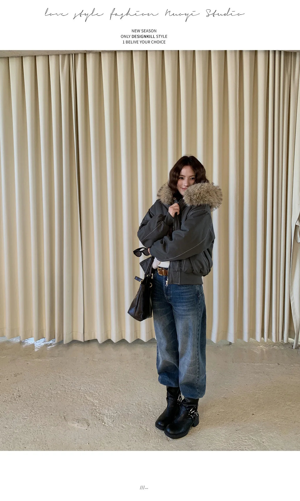 Women Short Parkas Coat Solid Jacket Big Fur Collar Hooded Zipper Pocket Long Sleeve Loose Casual Office Lady 2025 Autumn Winter