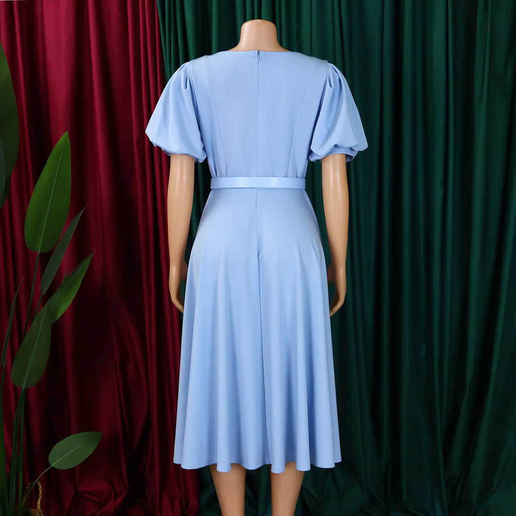 Women Fashion A Line Dress O Neck Short Puff Sleeves High Waist with Belts Flared Hem Elegant Office Party Church Causal Outfits
