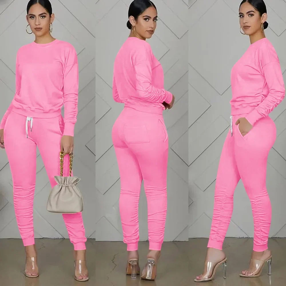Women’s Slim Fit Long Sleeve Two Piece Set – Casual Warm Top & Elastic Waist Pants Outfit