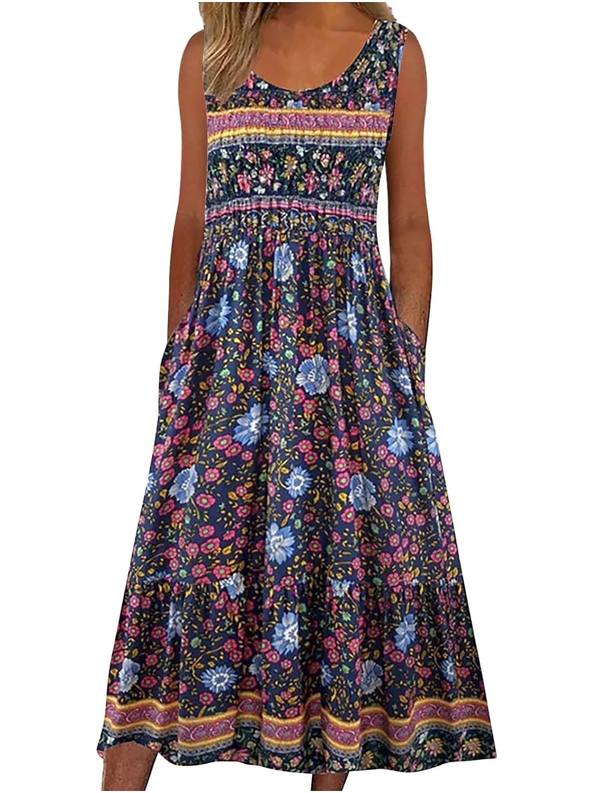 summer new! Women's sleeveless Bohemian floral casual beach MIDI sundress with pockets flowing and loose