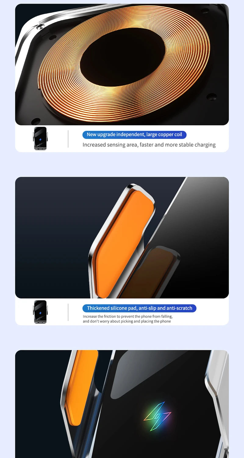 Car Wireless Charging Phone Holder Smart Sensing Fast Wireless Charger Phone Mounts 360° Rotation Inductive automatic clamping