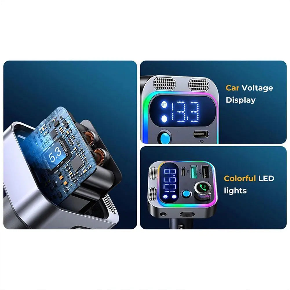 Car Bluetooth 5.2 FM Transmitter 48W PD&QC3.0 Dual Charger Wireless Adapter with Dual Mics Deep Bass Sound for Vehicle