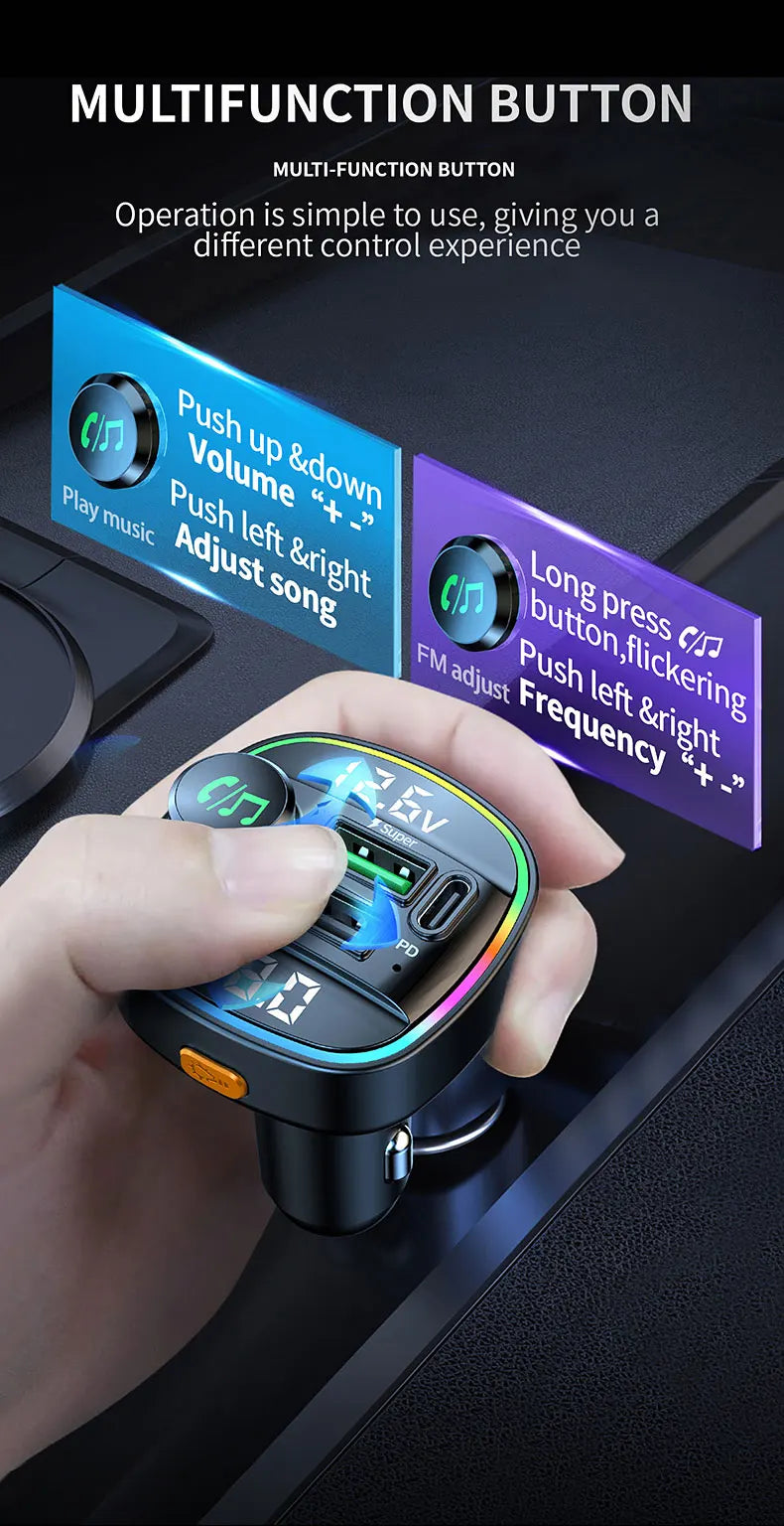 Bluetooth 5.0 FM Transmitter 22.5W USB Quick Charge Car Radio Modulator Handsfree MP3 Player with Car Adapter