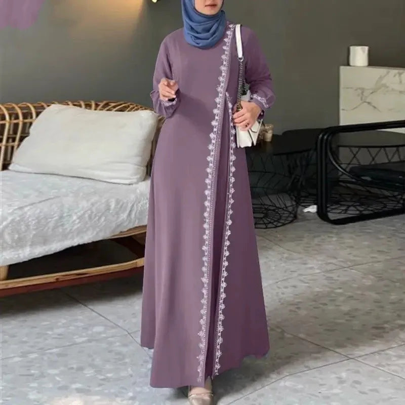 Women's Long Sleeve Lace Robe Muslim Bohemian Style Polyester Abaya Casual Ramadan Spring Vest for Adults Middle Age