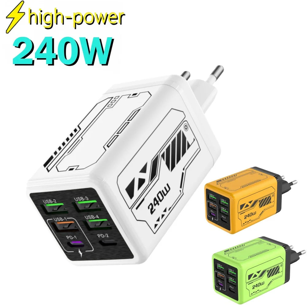 240W USB Type C Charger 6 Ports USB Super Fast Charging Mobile Phone Power Adapter USB3.0 EU/UK/US Plug For iPhone 17 16 Samsung