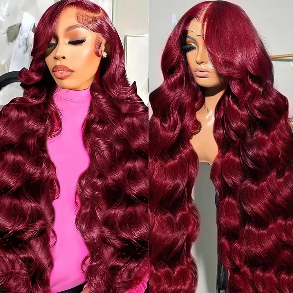 40 42 Inch 99J Burgundy Hd Lace Frontal Wig 13X6 200 Density Brazilian Body Wave Human Hair Wig Red Colored Hd Lace Front Wigs