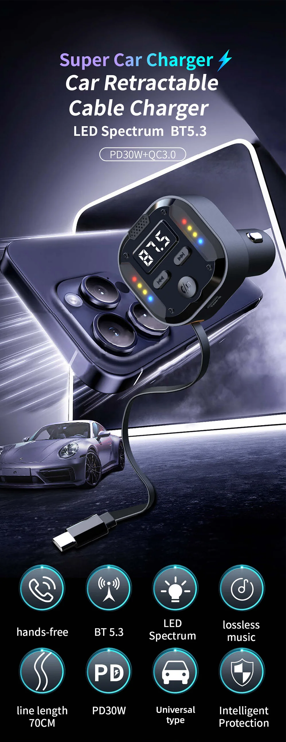 Bluetooth 5.3 FM Transmitter Handsfree Car AUX Radio Modulator MP3 Player with QC3.0 & PD30W Fast Charge Adapter Car Accessories