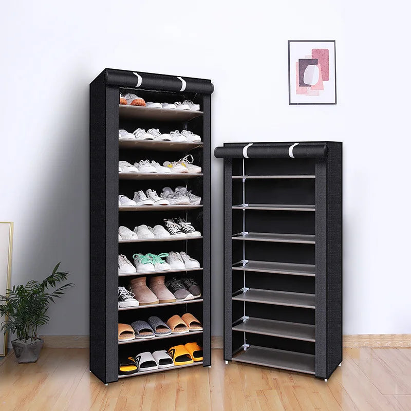 6-10 Tier Black Multi-Layer Shoe Rack, Equipped with a Dust-Proof Rolling Shutter Door, Easy to Assemble, Space-Saving Home Storage Cabinet, Suitable for Entryways, Hallways, Bedrooms, Living Rooms, Homes, Dormitories, Etc.