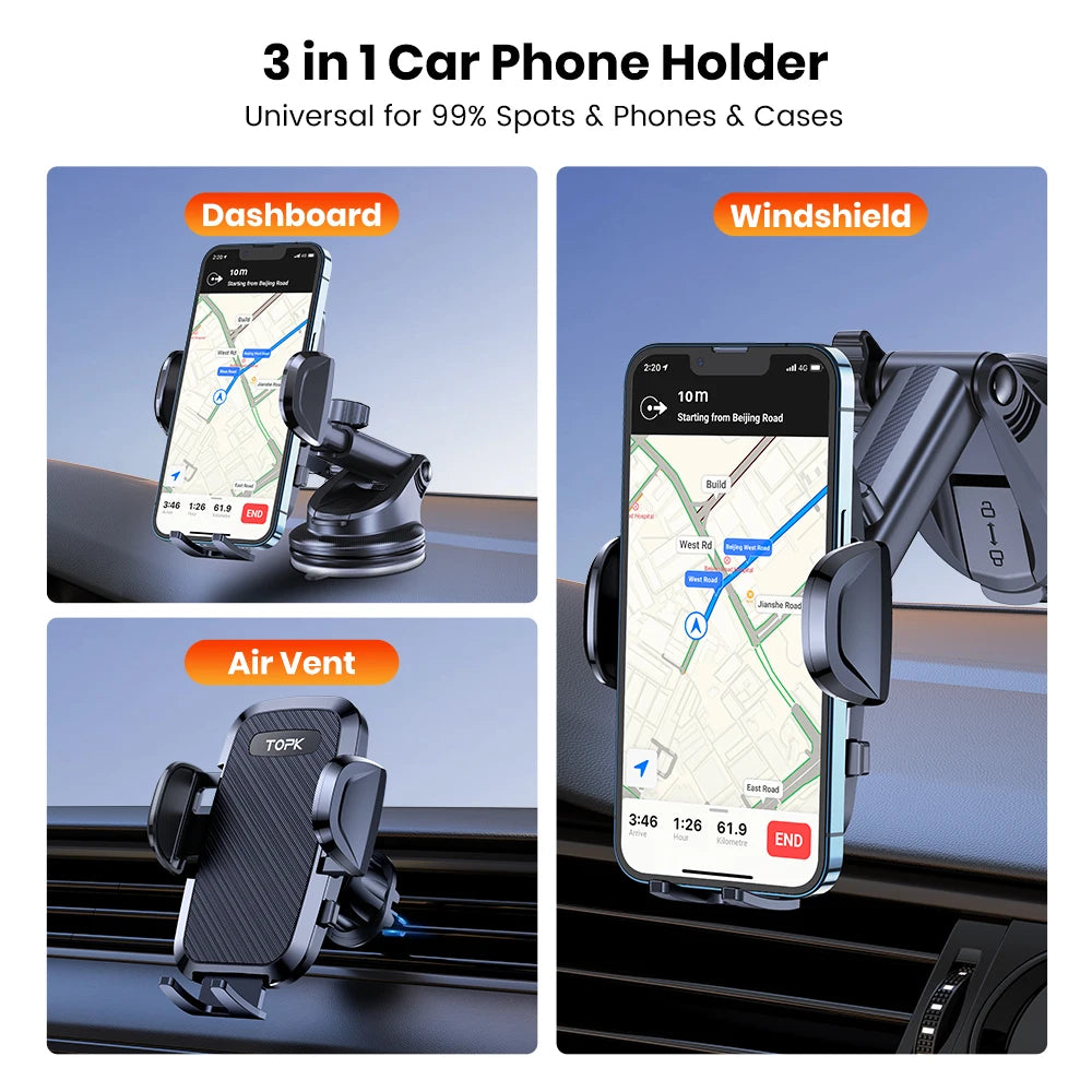 Car Phone Holder 2 in 1 Car Phone Mount for Car Dashboard/Windscreen One Button Release and 360° Rotation for All Phones