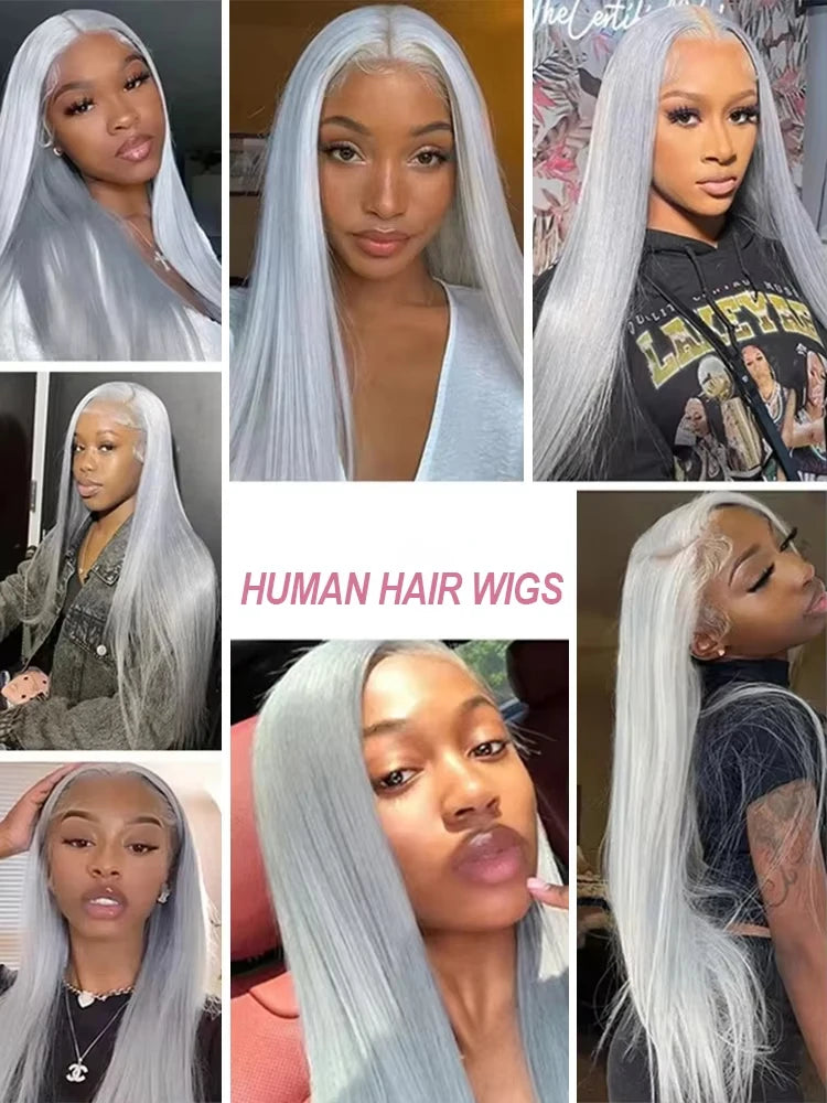Silver Grey Straight Human Hair Wigs Brazilian 180% Density 13x6 HD Lace Frontal Colored Wig 36 Inch Pre Plucked With Baby Hairline For Women On Sale