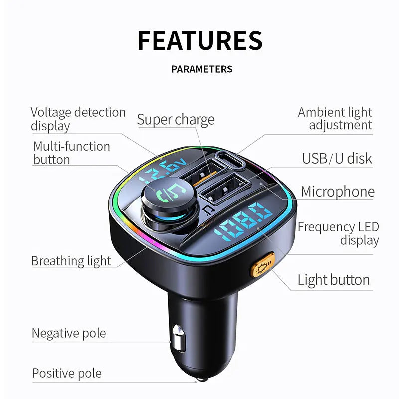 Bluetooth 5.0 FM Transmitter 22.5W USB Quick Charge Car Radio Modulator Handsfree MP3 Player with Car Adapter