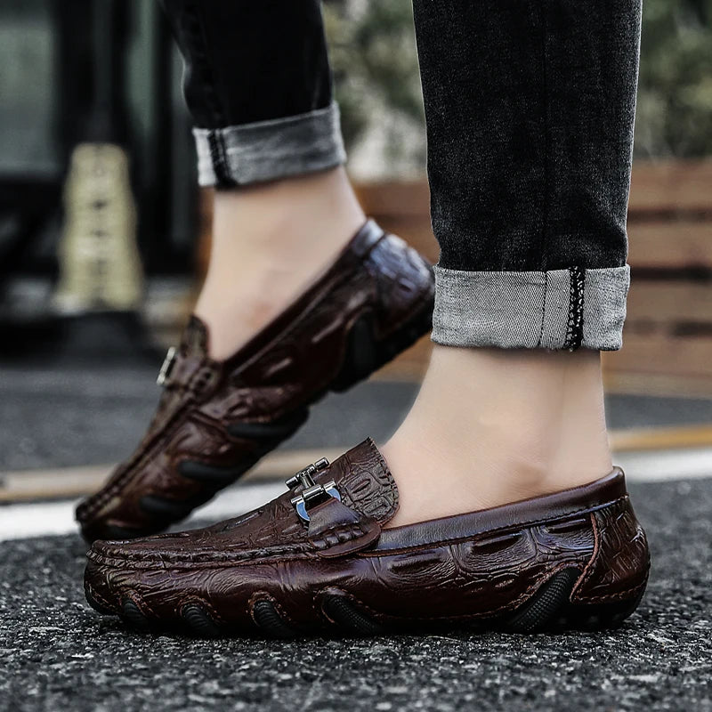 Men Casual Shoes Genuine Leather Crocodile Style Luxury Brand Mens Loafers Moccasins Slip on Black Driving Shoes Plus Size 38-47