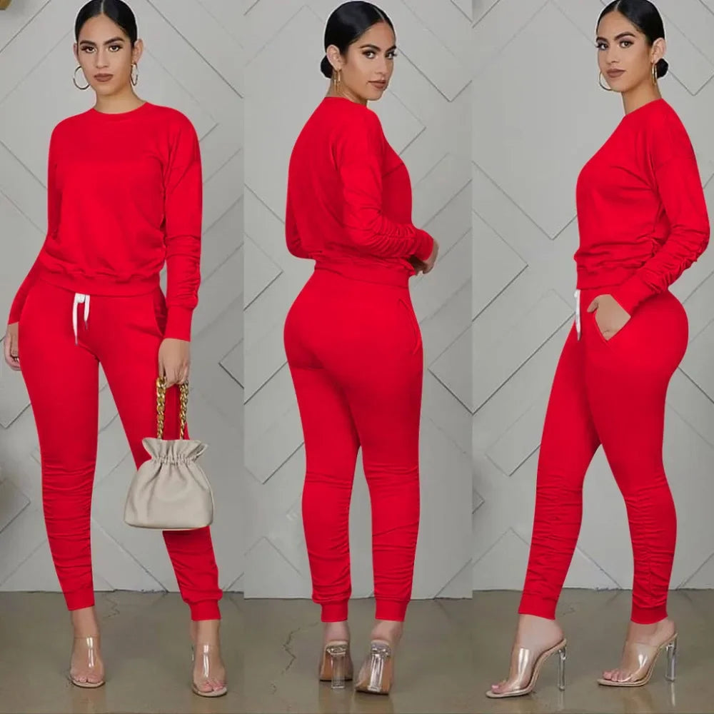 Women’s Slim Fit Long Sleeve Two Piece Set – Casual Warm Top & Elastic Waist Pants Outfit