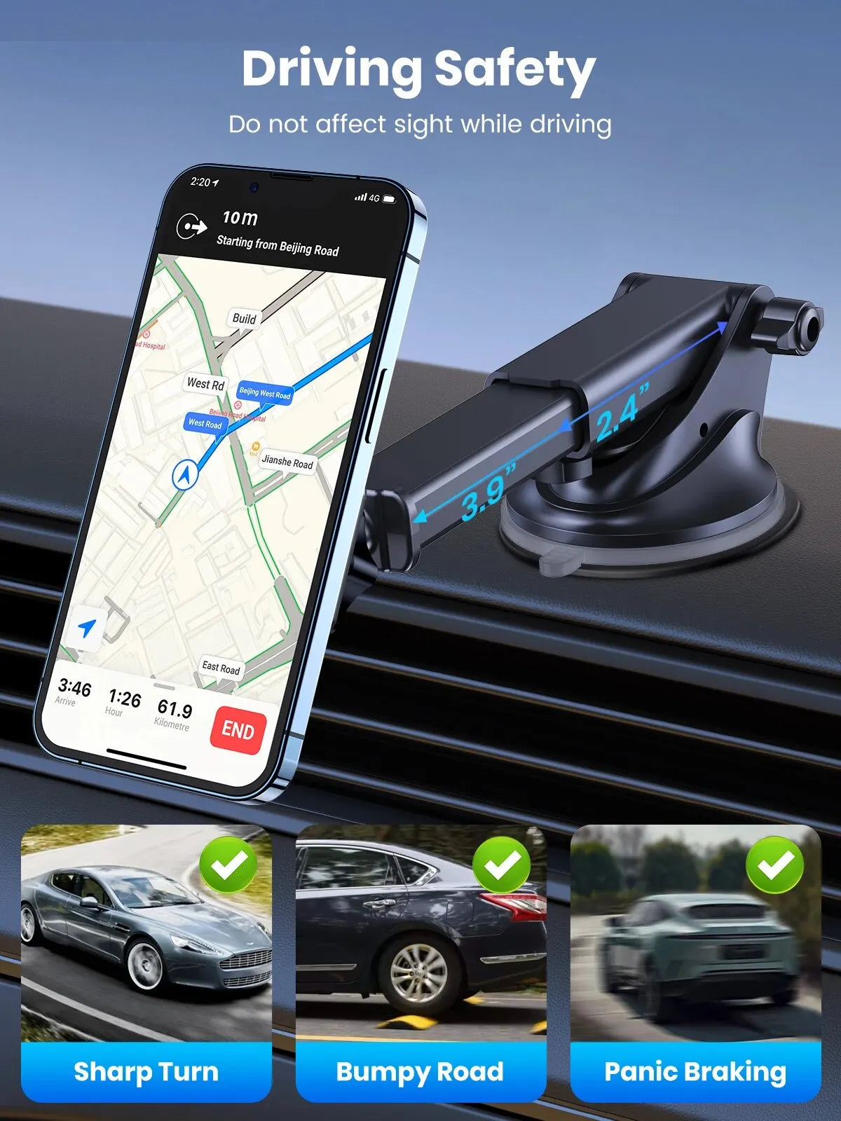 TOPK Magnetic Car Phone Mount; N52 Strong Magnet Dashboard Windshield Suction Cup Car Phone Holder Adjustable Telescopic Arm