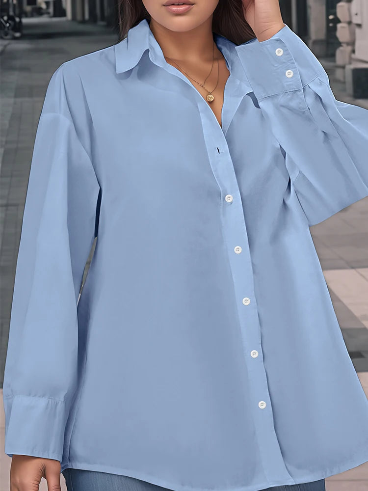Plus Size Women's Crop Top Shirt Elegant Women's Tie-Front Long-Sleeved Shirt Solid Colour Suitable for Autumn