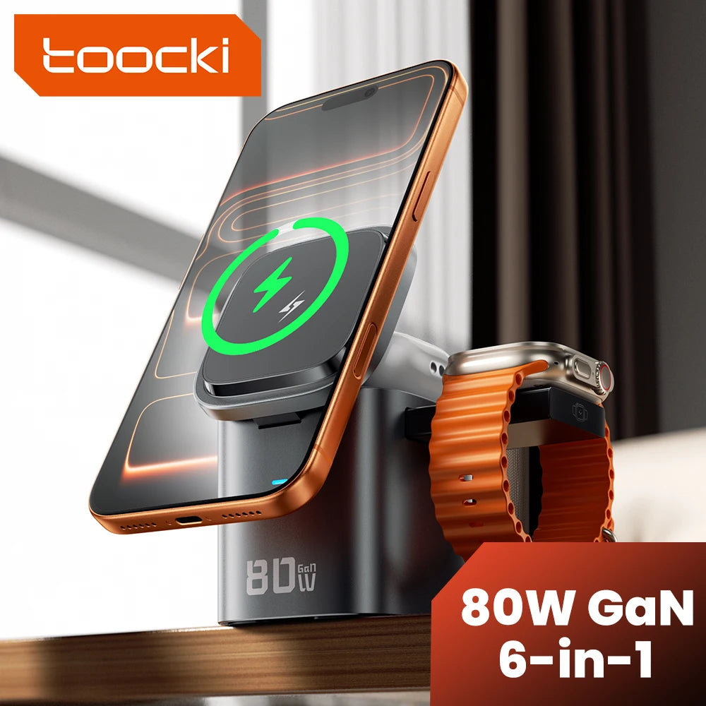 80W GaN Charging Station 6-in-1 Fast Wireless Charger for MacBook iPhone 17 16 - Retractable 65W PD Magsafe Compatible