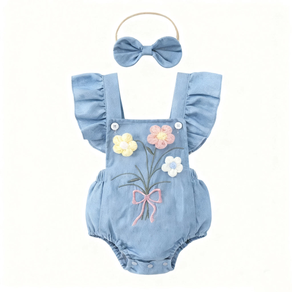 Baby Girl Soft Denim 3D Flower Embroidered Flutter Overall Romper + Bow Headband, Cute 2-Piece Outfit