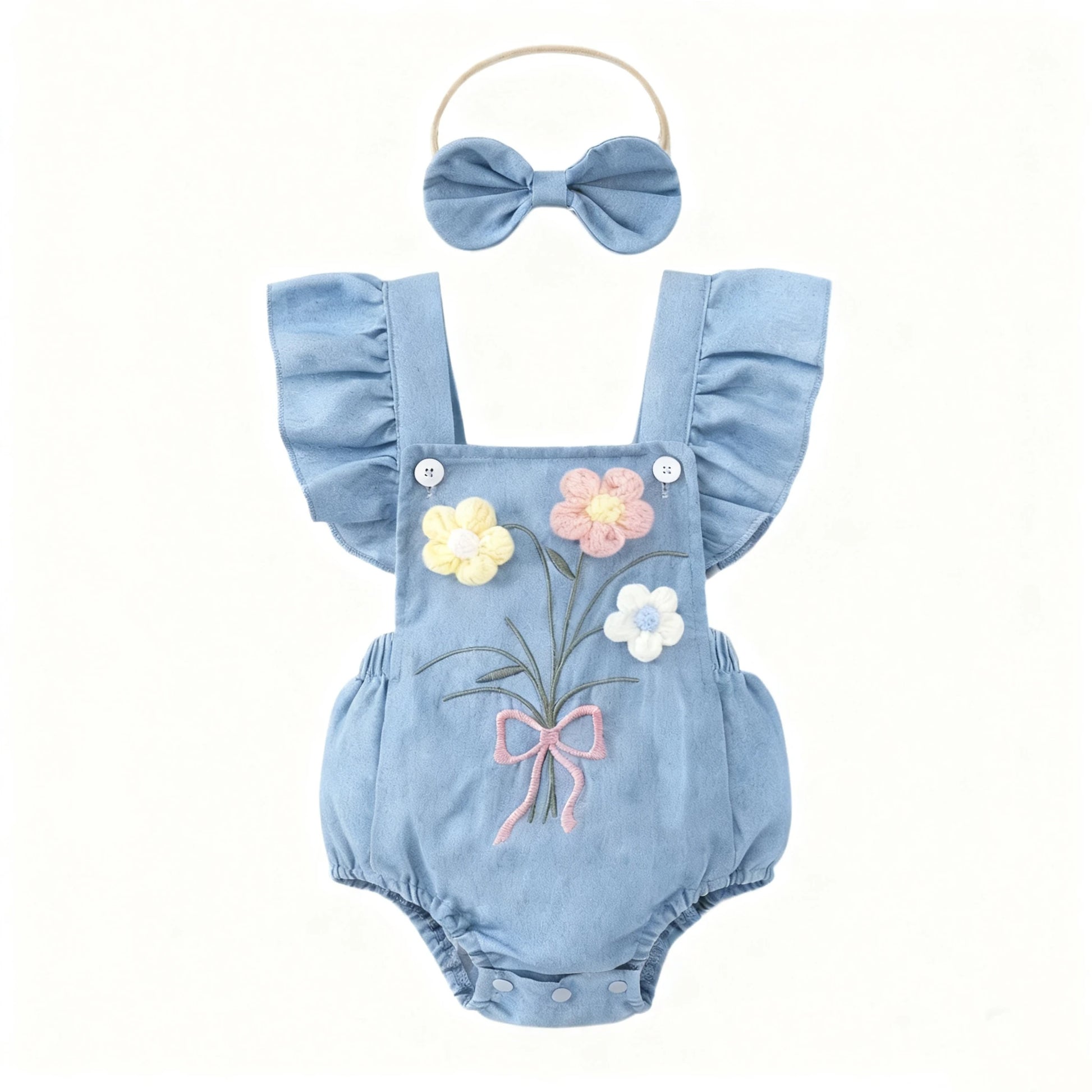 Baby Girl Soft Denim 3D Flower Embroidered Flutter Overall Romper + Bow Headband, Cute 2-Piece Outfit