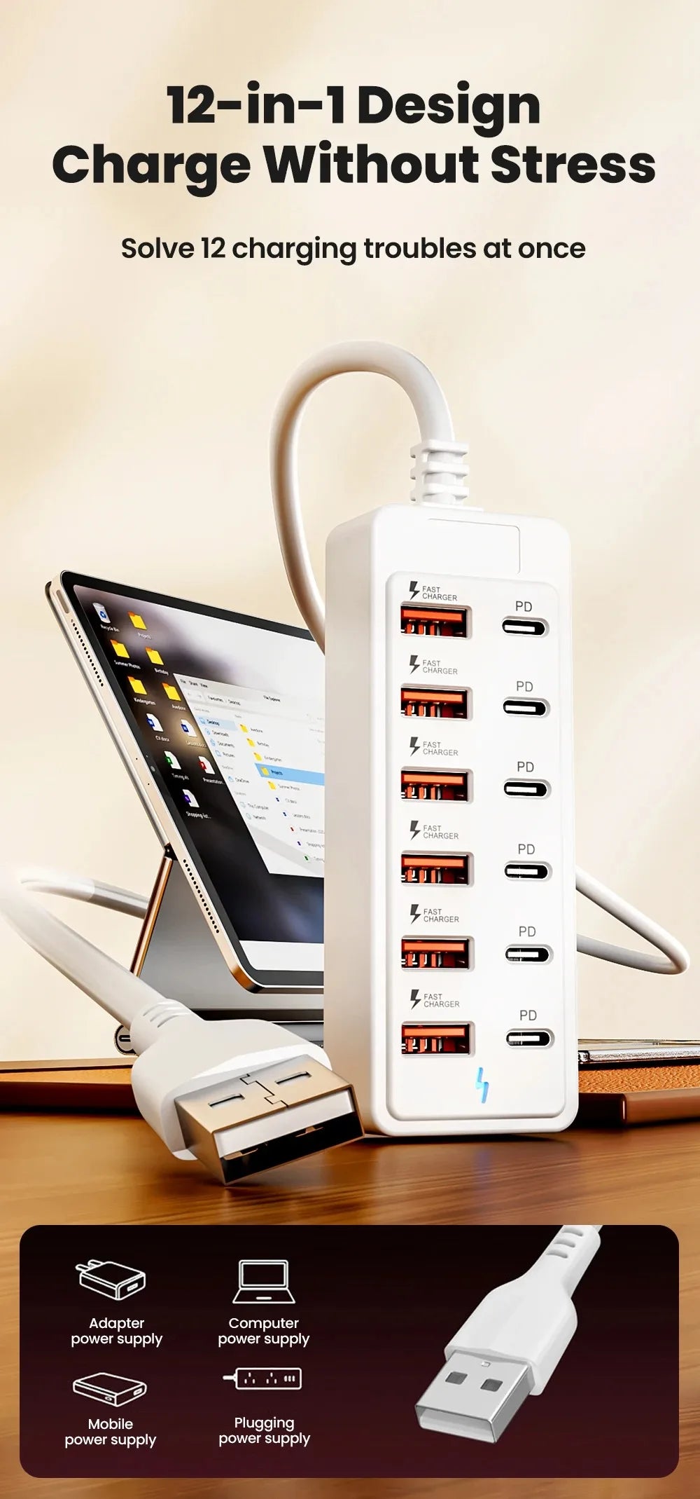 USB Type C Charger 12 in 1 USB HUB Adapter Socket Fast Charging Power Strip Desktop Charging Station For iPhone Samsung