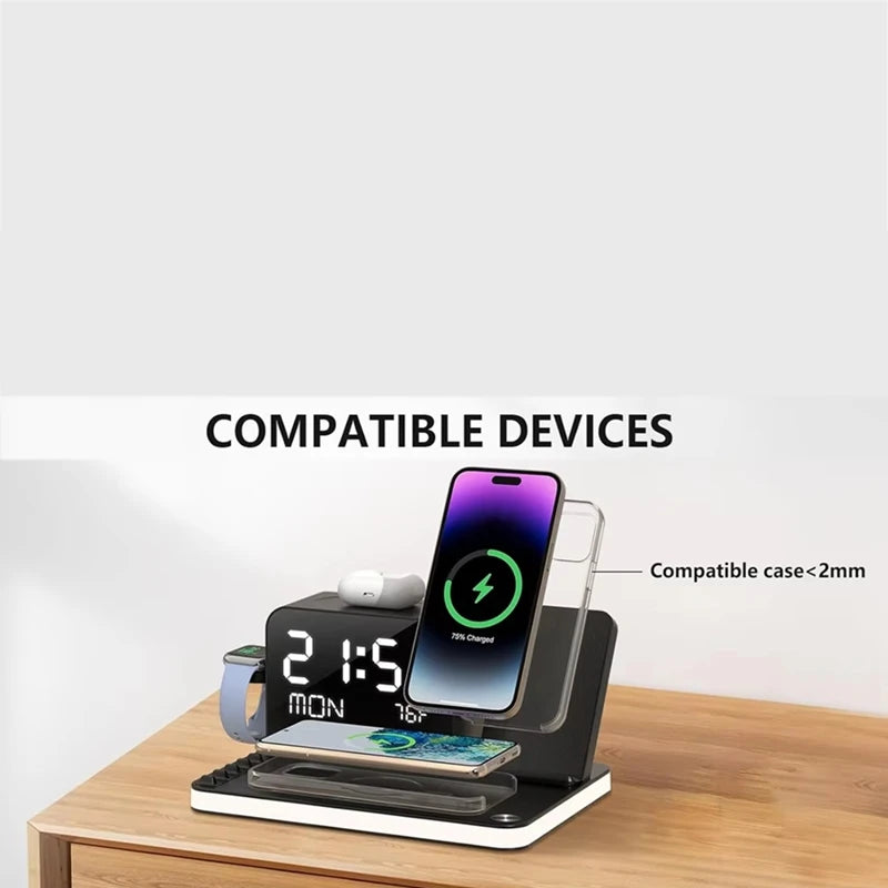 Wireless Charging Station Wireless Charging Station 7 in 1 Fast Charger Stand with Clock Night Lights for Watches Smartphones