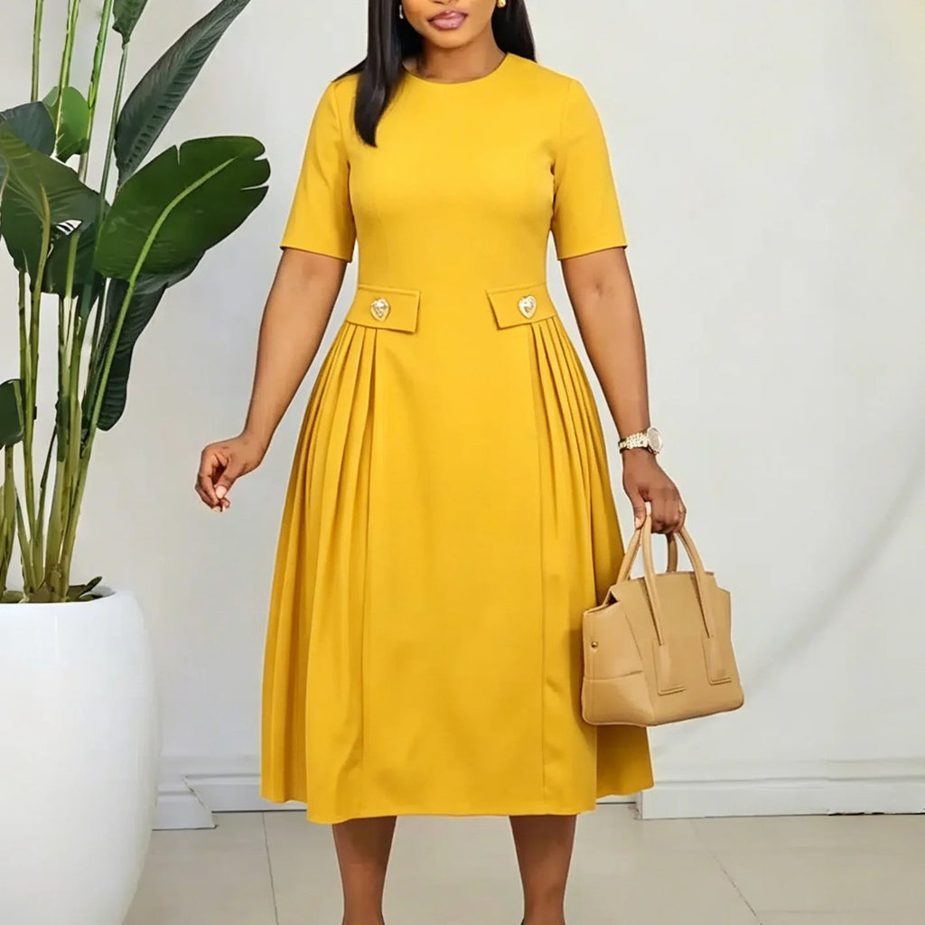 Elegant Women Solid A Line Dress O Neck and Short Sleeves Button High Waist Folds Office Party Formal Events Causal Occasions