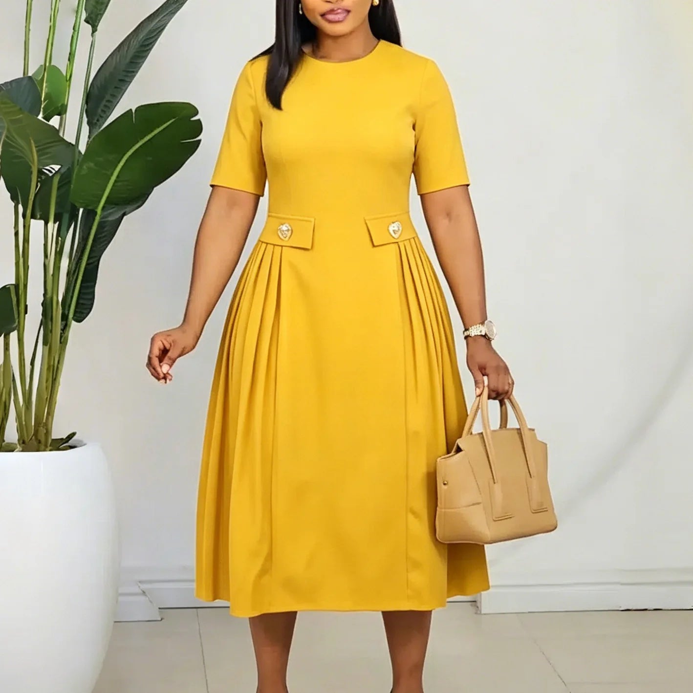 Elegant Women Solid A Line Dress O Neck and Short Sleeves Button High Waist Folds Office Party Formal Events Causal Occasions