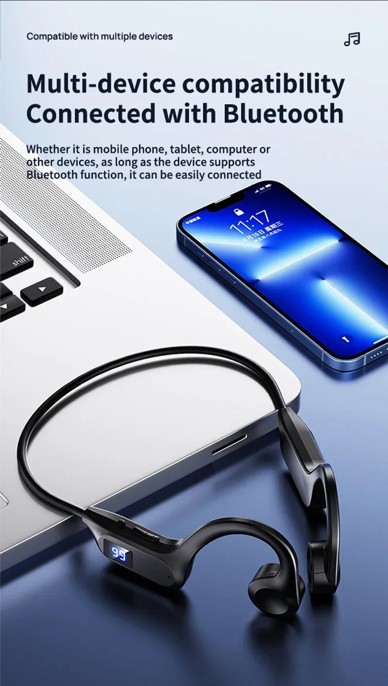 Wireless Bone Conduction Headphones Bluetooth Sport Earphone with Mic Hand-free Noise-Cancelling for Swimming And Outdoor Activities