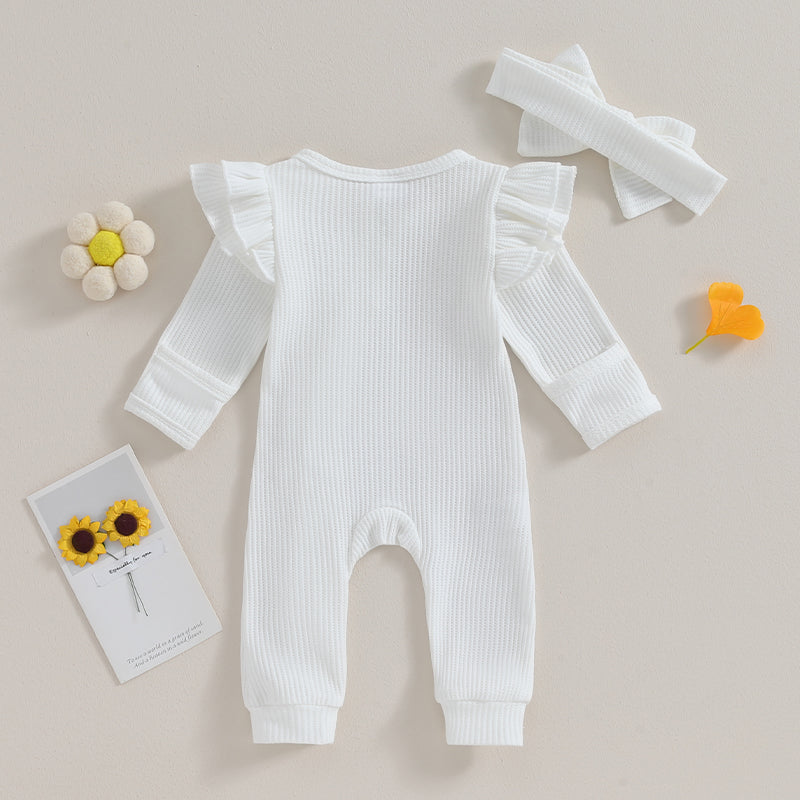 Infant Baby Girl Autumn Jumpsuit Solid Color Round Neck Flying Sleeve Ruffled Zipper Romper with Bow Headband 0-12M