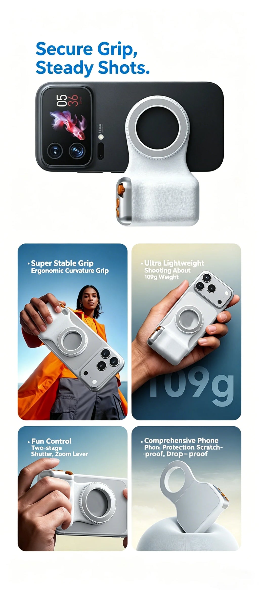 New Magnetic Camera Grip, Bluetooth Zoom Remote, Anti-Shake Handheld Stabilizer for Smartphone Photography