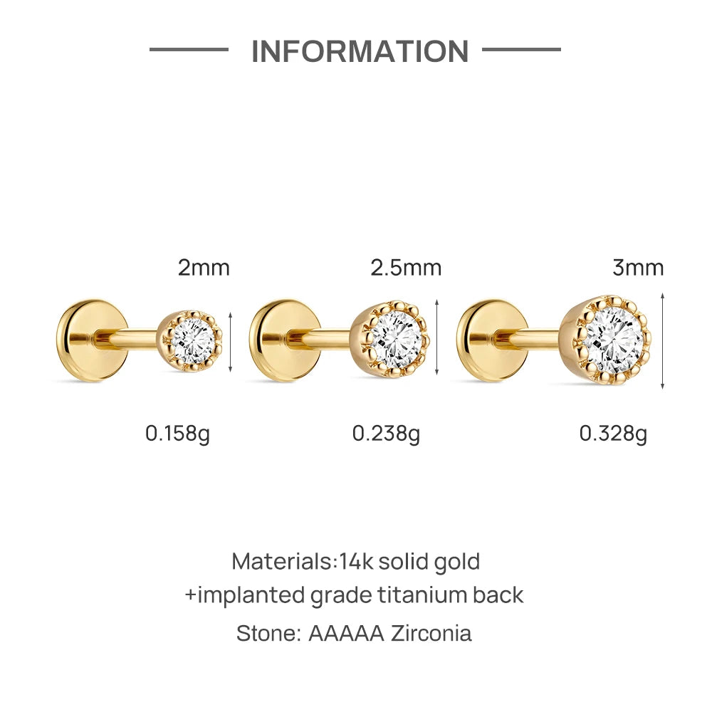 CANNER 1PC 2/2.5/3mm G23 Titanium 14K Solid Gold CZ Piercing Flat Back Stud Earring Women Hypoallergenic Classic Ear Bone Gift
