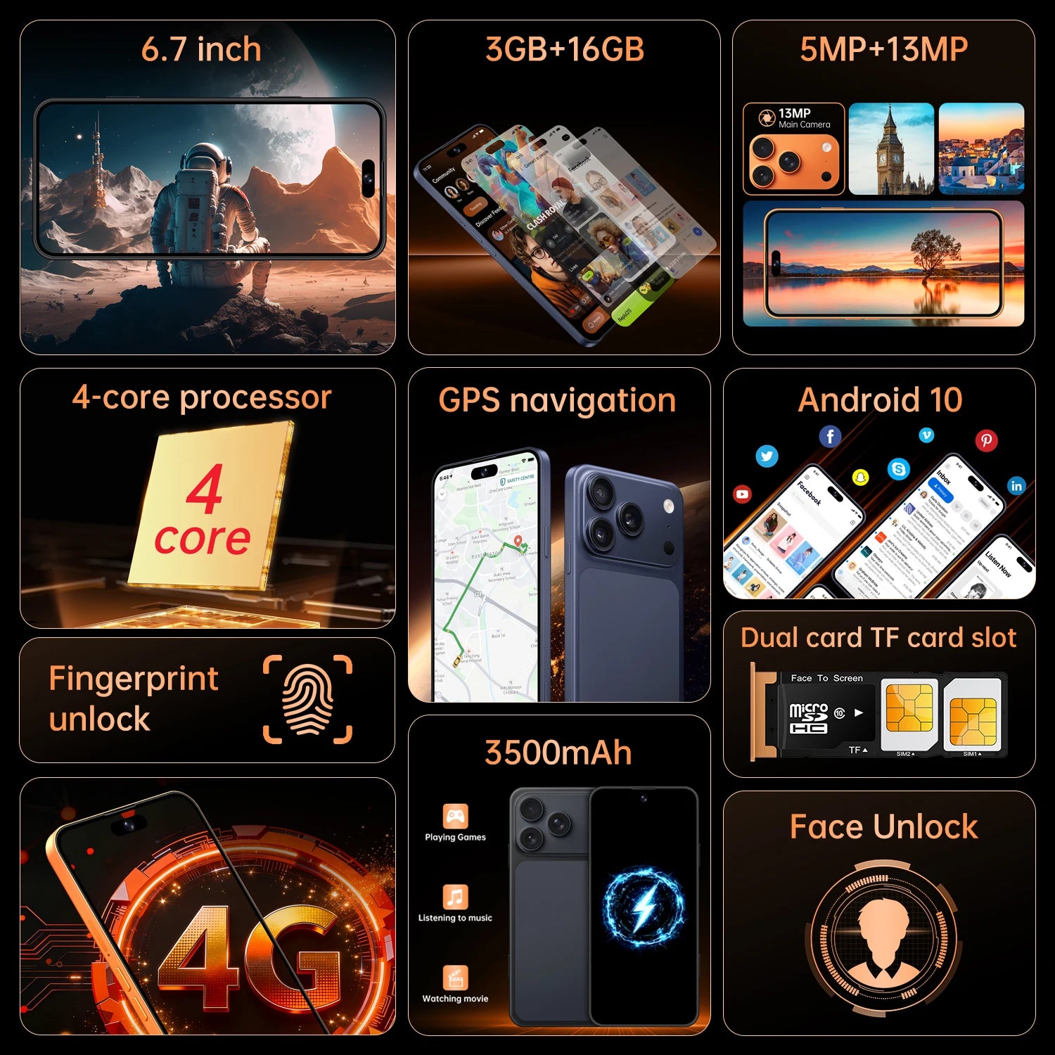 Global Vision 17 Pro Max Smartphone Android 3GB RAM 16GB ROM 6.7 Inch Dual SIM 4G Network 5+13MP Mobile Phones