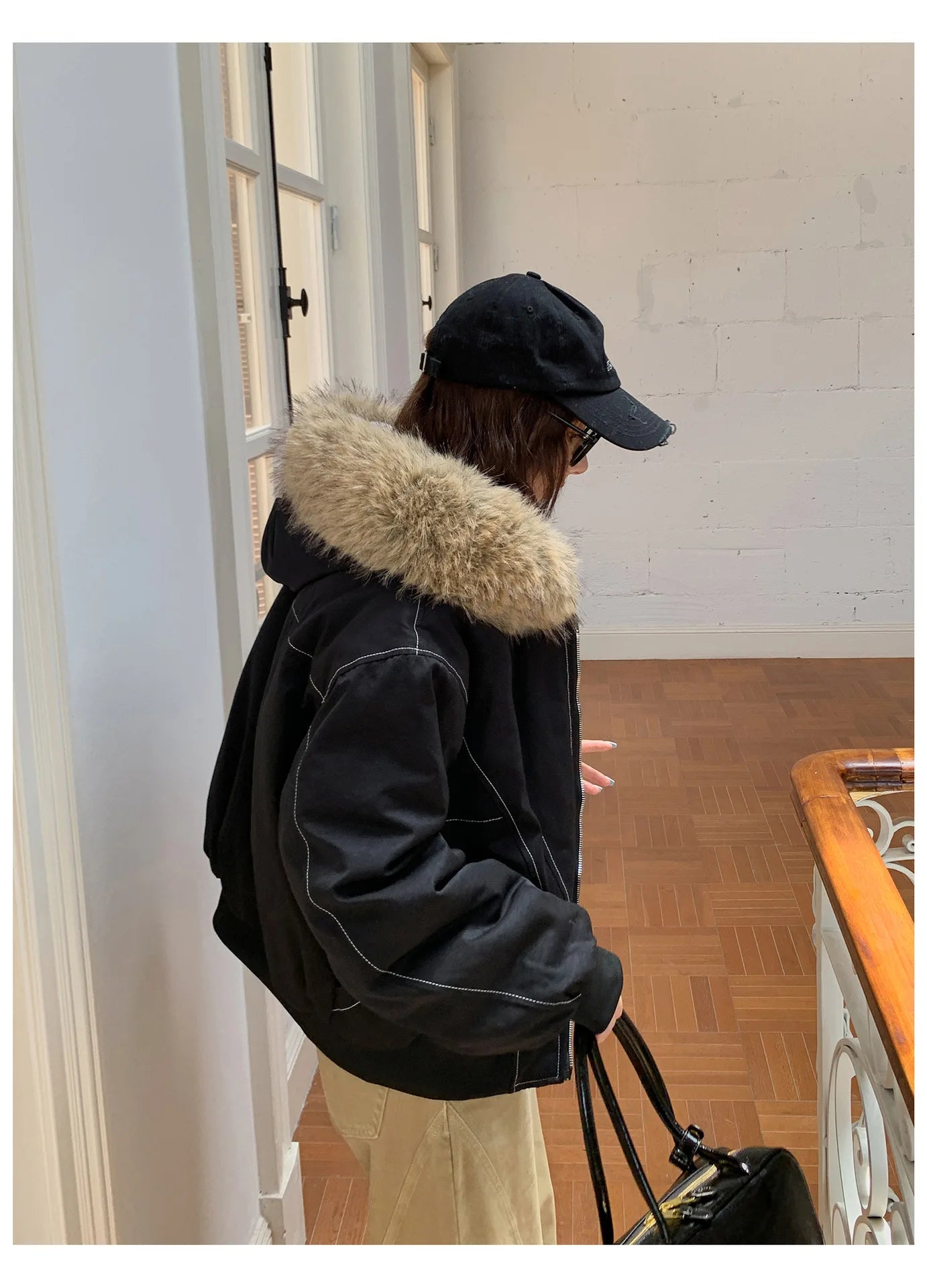 Women Short Parkas Coat Solid Jacket Big Fur Collar Hooded Zipper Pocket Long Sleeve Loose Casual Office Lady 2025 Autumn Winter
