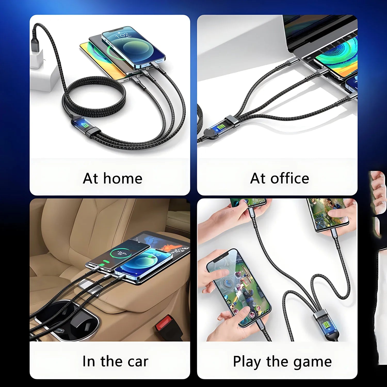 100W Fast Charging 3 in 1 Multi Charger Cable Nylon Braided USB-C Micro Universal Charging Cord with Type-C Micro Adapter