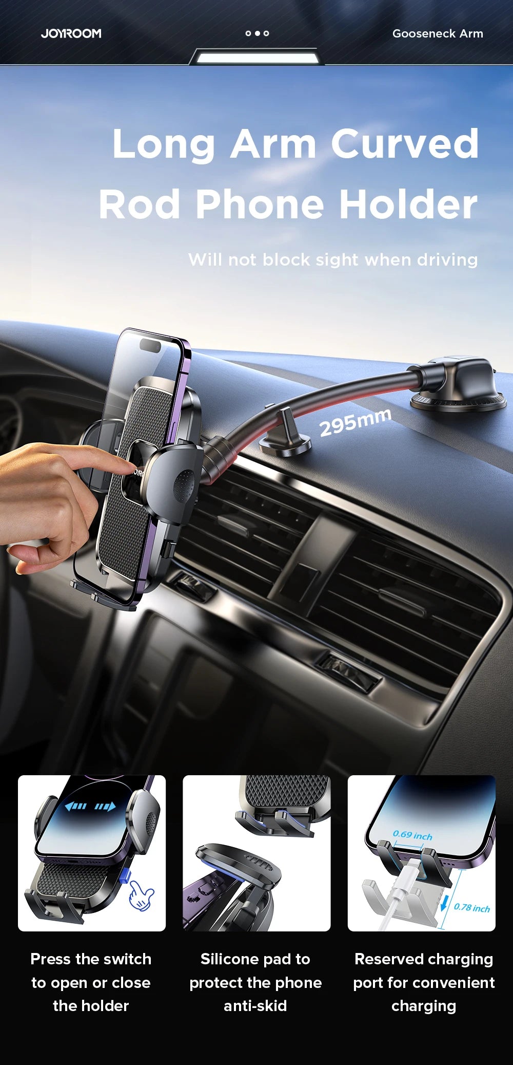 Car Phone Holder Mount 360° Widest View Universal Handsfree Auto Air Vent Flexible Long Arm Phone Mount