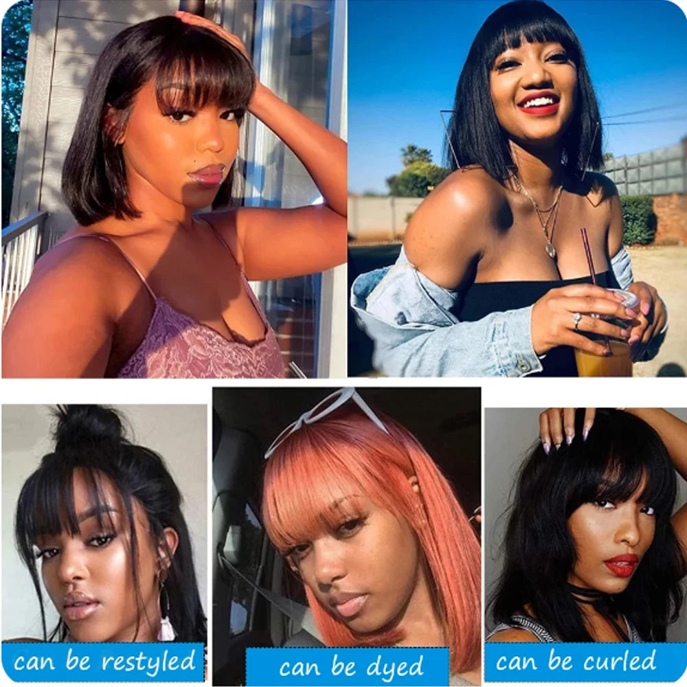 Short Bob Wig With Bangs Straight Human Hair Bob Glueless Wig Human Hair 180% Density Black Color Straight Bang Bob Wig For Women