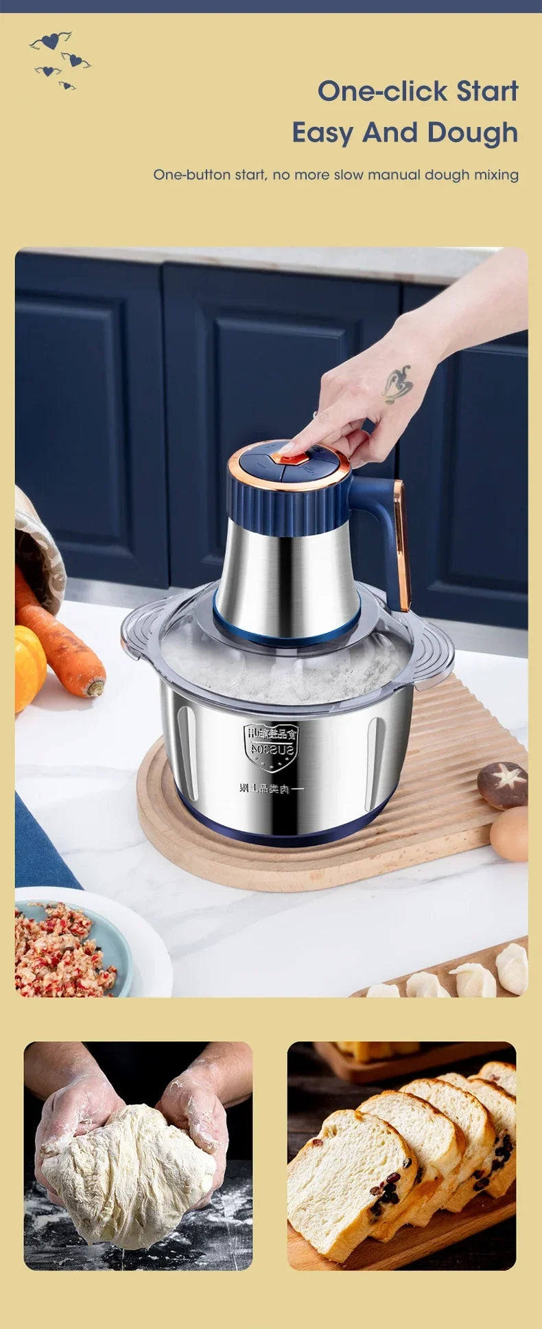 Stainless Steel Electric Meat Grinder Multifunctional Food Chopper Vegetable Slicer Processor Household Kitchen Blender