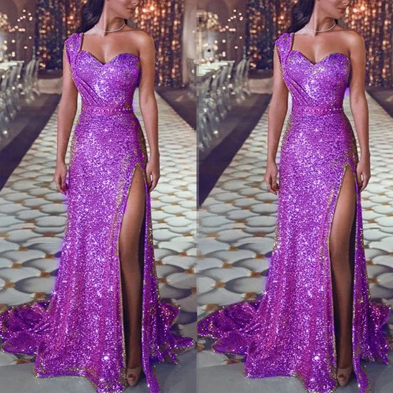 Women's Wedding Party Dress Evening Elegant Sexy Deep V Neck One Shoulder Sleeveless Sequined Long Maxi Dresses For Women