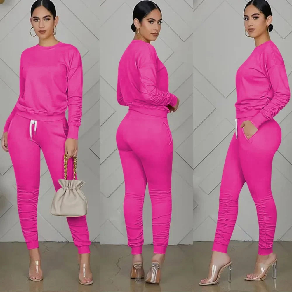 Women’s Slim Fit Long Sleeve Two Piece Set – Casual Warm Top & Elastic Waist Pants Outfit