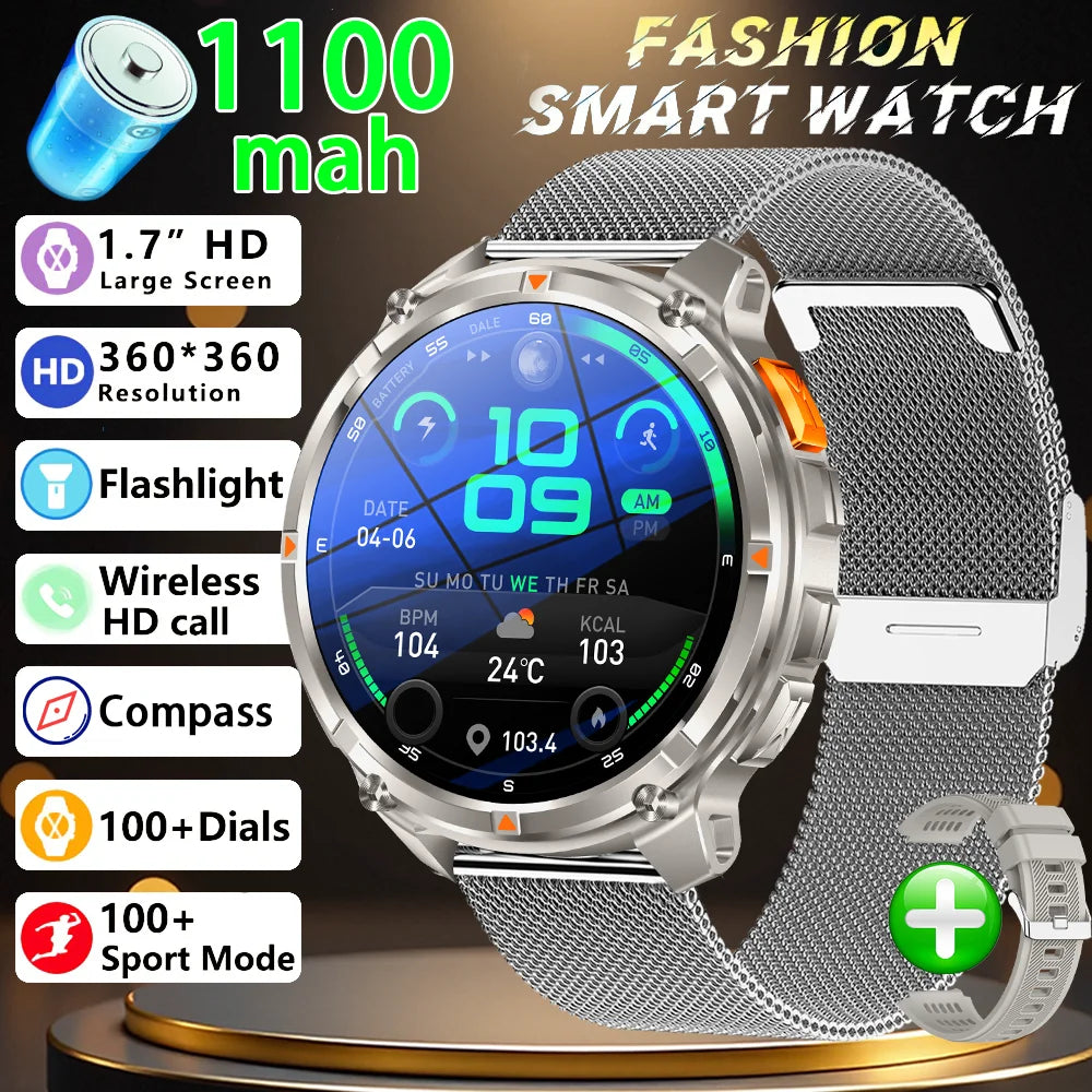 Men Smart Watch 1.7inch LED Flashlight HT33 BT Calling Outdoor Sports Compass Health Monitoring 1100mAh Large Battery Smartwatch