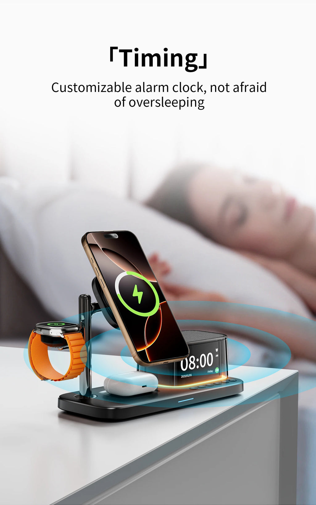 25W QI2 Wireless Charger with Wireless Speaker Digital Clock 3 in 1 Wireless Magnetic Charger for Iphone17 Charger Fast Charging