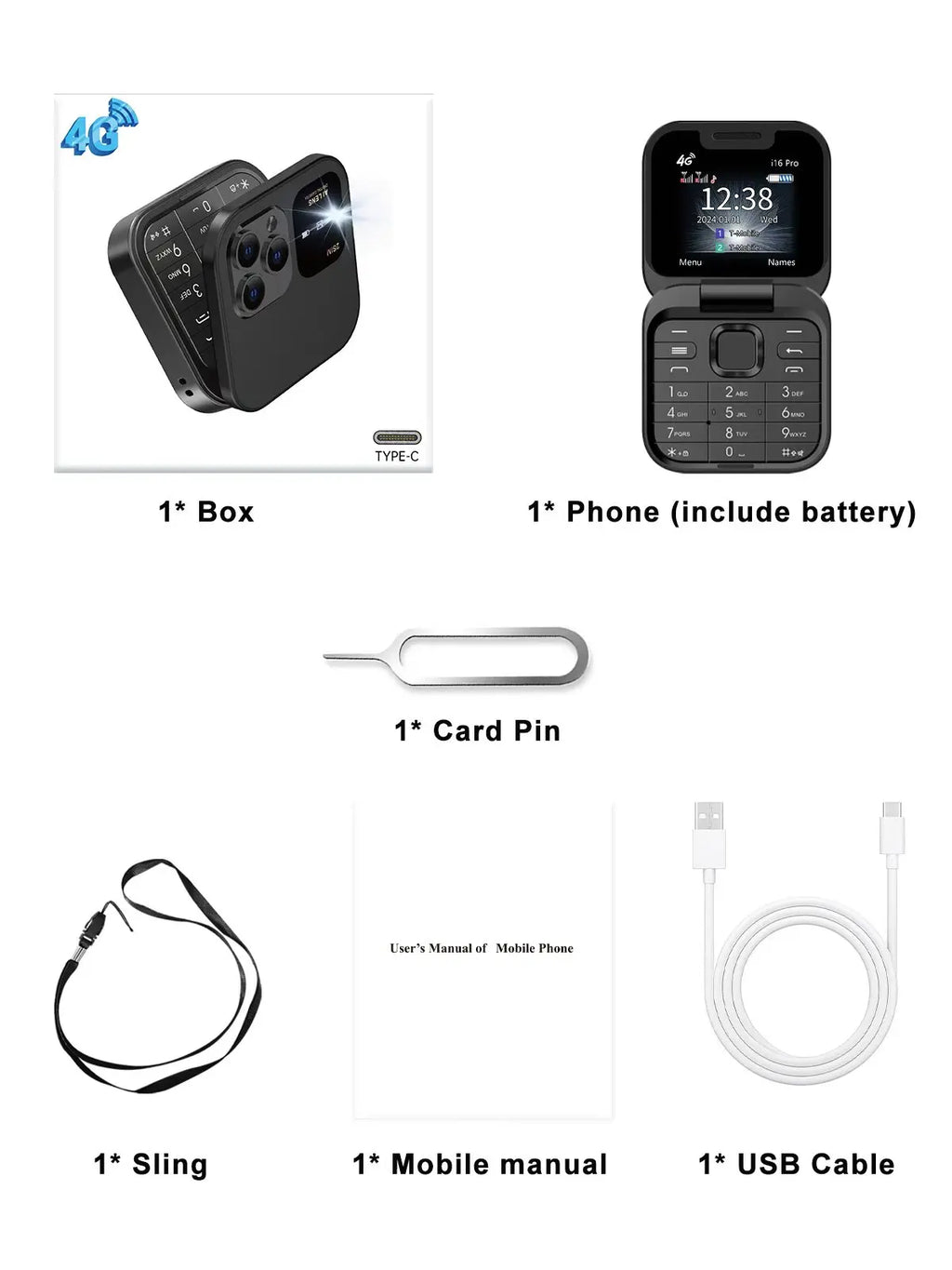 i16 Pro 4G LTE Mini Flip Mobile Phone Dual SIM Standby Call Recording Speed Dial FM Radio Blacklist Small Fold Cellphones