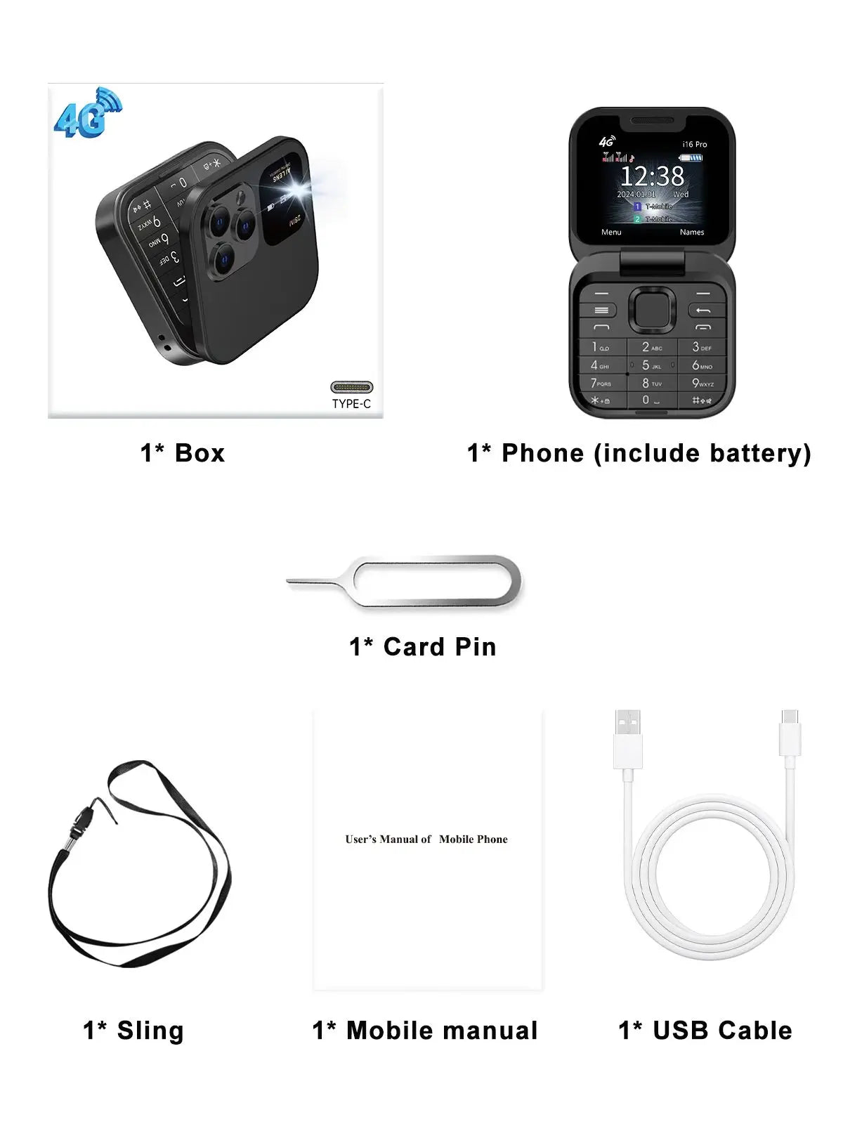 i16 Pro 4G LTE Mini Flip Mobile Phone Dual SIM Standby Call Recording Speed Dial FM Radio Blacklist Small Fold Cellphones