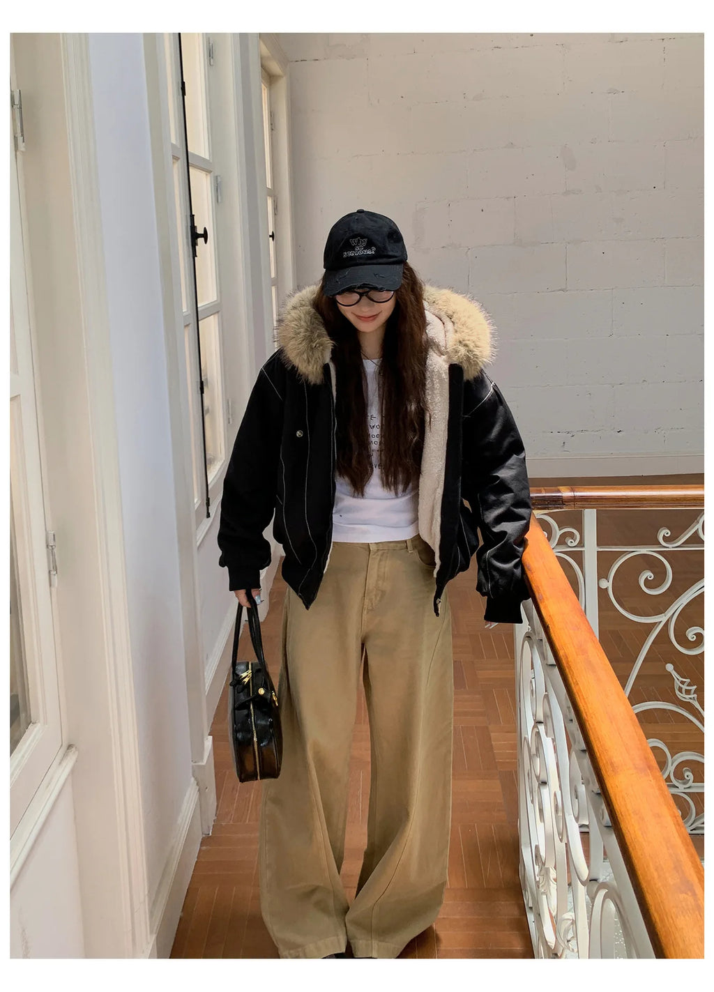 Women Short Parkas Coat Solid Jacket Big Fur Collar Hooded Zipper Pocket Long Sleeve Loose Casual Office Lady 2025 Autumn Winter