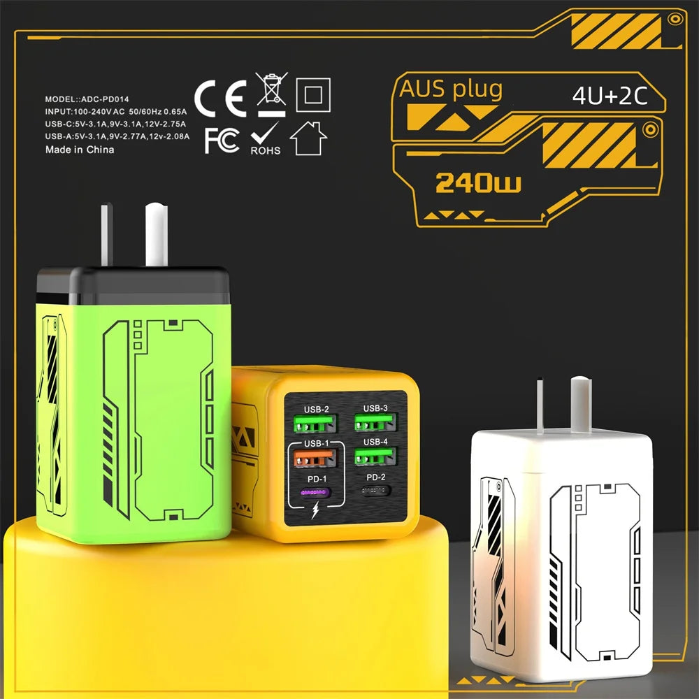240W USB Type C Charger 6 Ports USB Super Fast Charging Mobile Phone Power Adapter USB3.0 EU/UK/US Plug For iPhone 17 16 Samsung