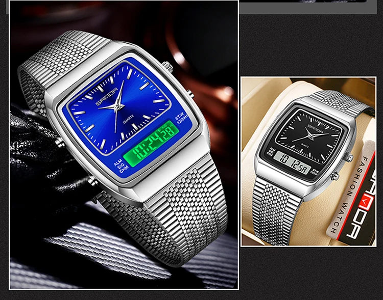 SANDA 3393 Men's Electronic Quartz Watch Fashion Multifunction Dual Display Clock Luminous Waterproof Casual Men Digital Watches