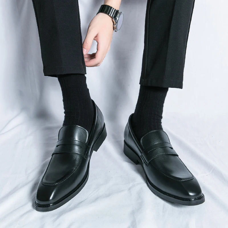 Fashion Penny Loafers Leather Men Shoes Simple Pointed Toe Slip On Dress Business Suit Casual Party Wedding Shoes For Man Brown