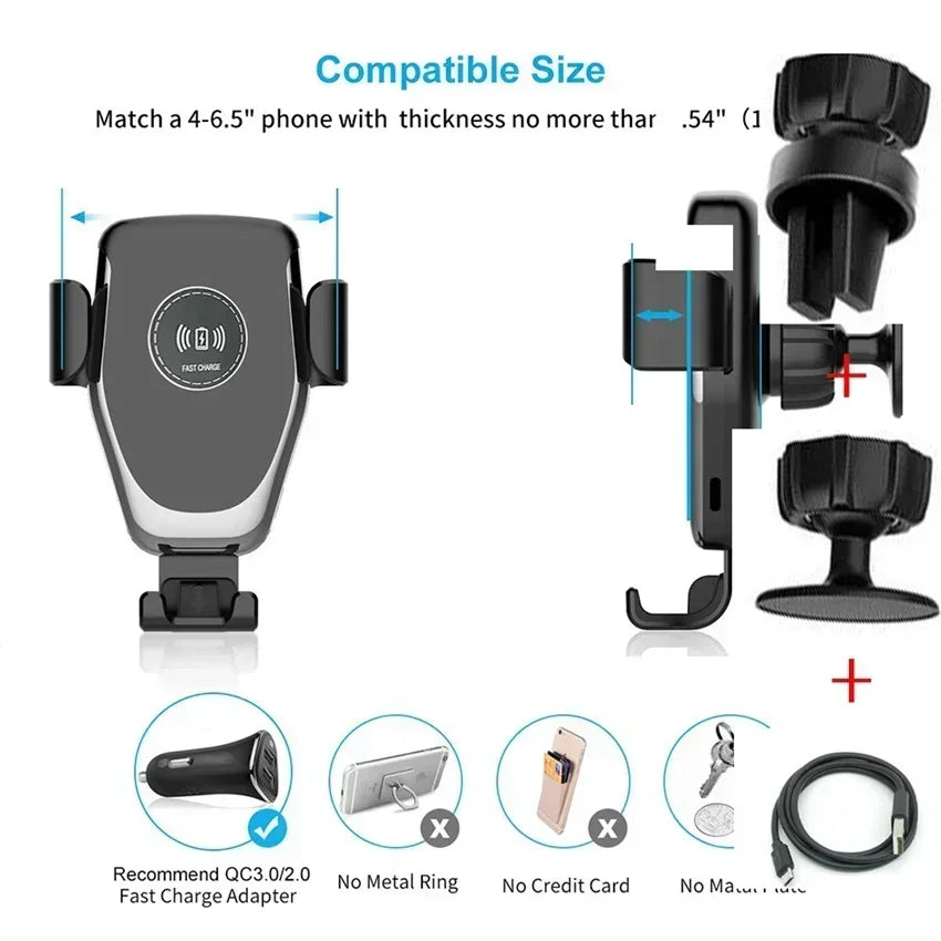 Car Wireless Charger Holder for iPhone 15/14/13/12/11 pro XS Max XR Samsung Fast Charging Mount Compatible with Multiple Models